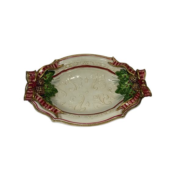 Serving Bowl Fitz & Floyd Christmas Gathering Oval Hand-Painted Porcelain - Picture 1 of 7